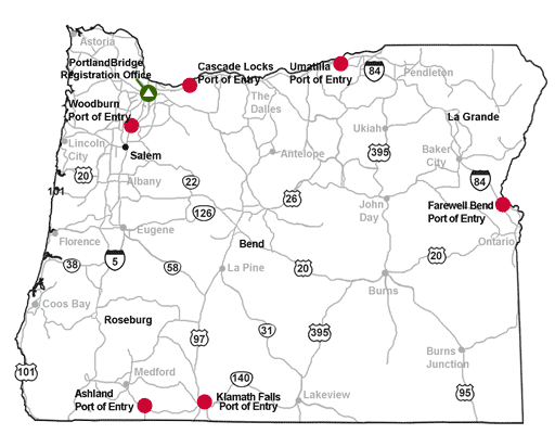 Map with icons of Commercial Vehicle registration offices and ports of entry.